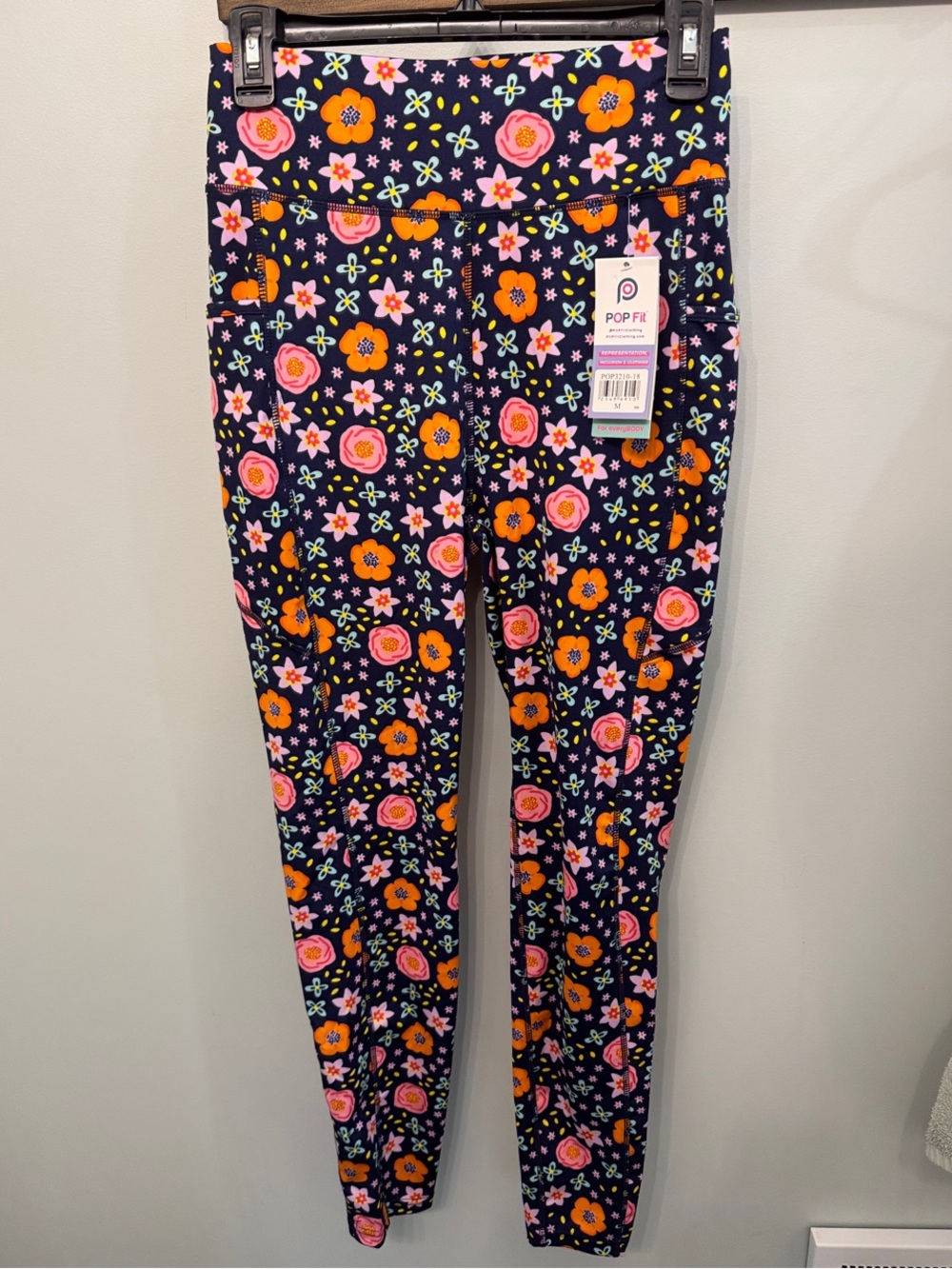 NWT-POP Fit Navy Leggings with Pink & Orange Floral Print